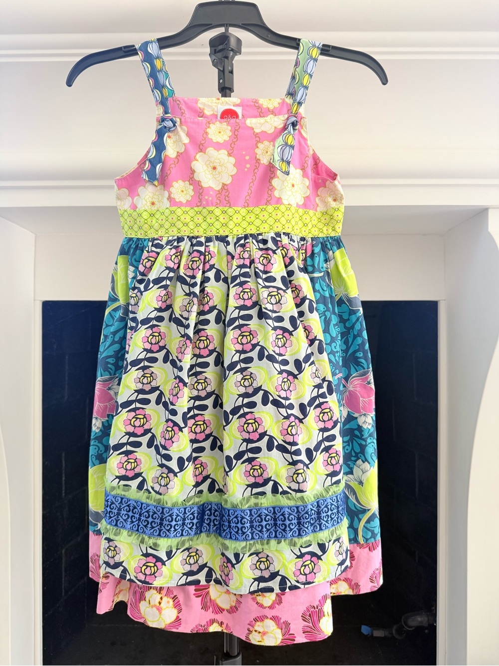 Girls' Multicolor Floral Apron Sundress with Pink Bodice- Girls 7